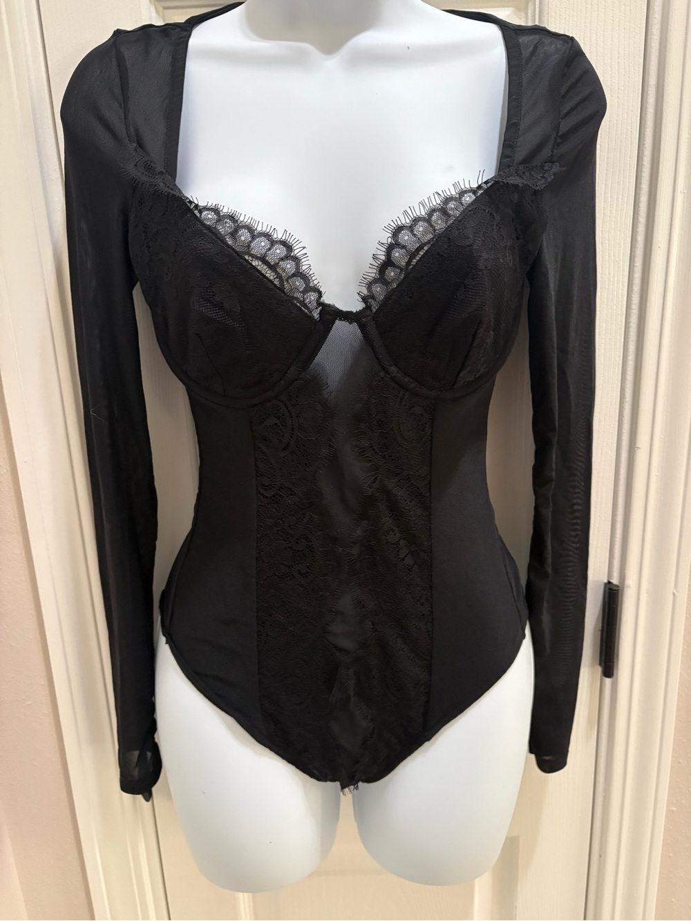 Lulus Stay Sultry Black Mesh Lace Long Sleeve Bodysuit